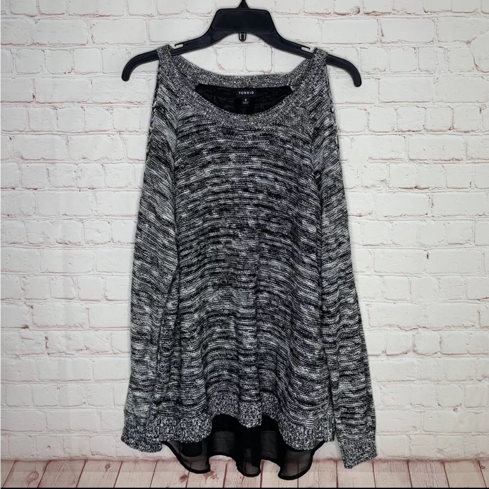 Torrid Black and Gray Marled Cold-Shoulder Sweater